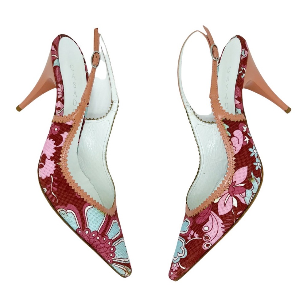 Casadei Floral Print Canvas Leather Slingback Heels